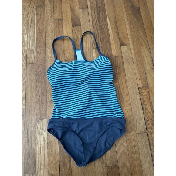 Nike Swimsuit Women’s 2pc Tankini Navy Blue Teal Striped Size L - Picture 1 of 4